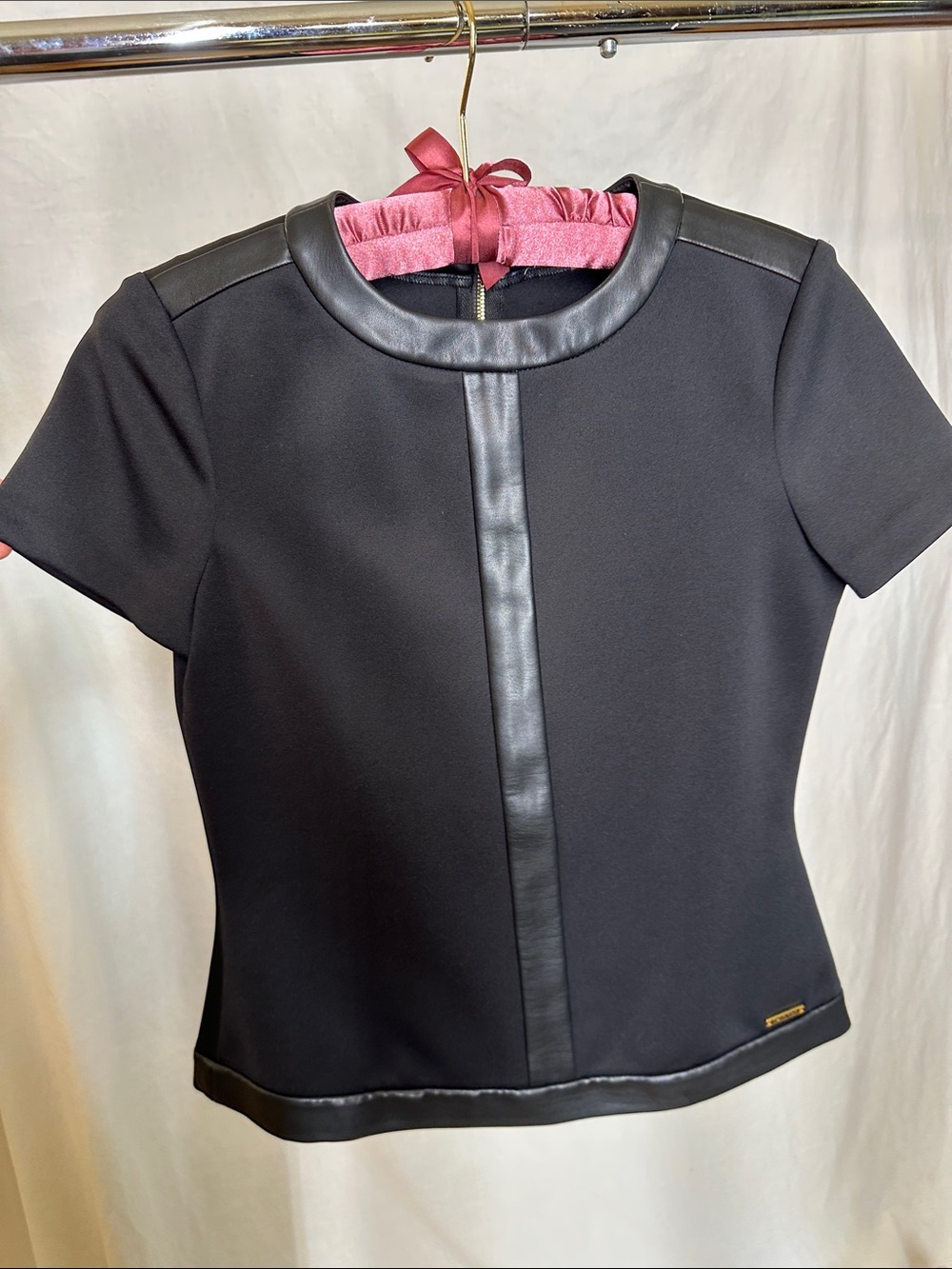 Calvin Klein Black Short-Sleeve Top with Faux-Leather Trim